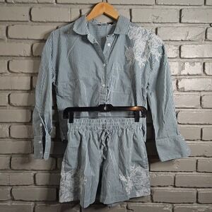 Christian Lacroix Teal White Striped Lace Applique Pajama Set XS Shirt Shorts